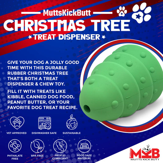 Green Christmas tree treat dispenser for dogs on a colorful promotional background