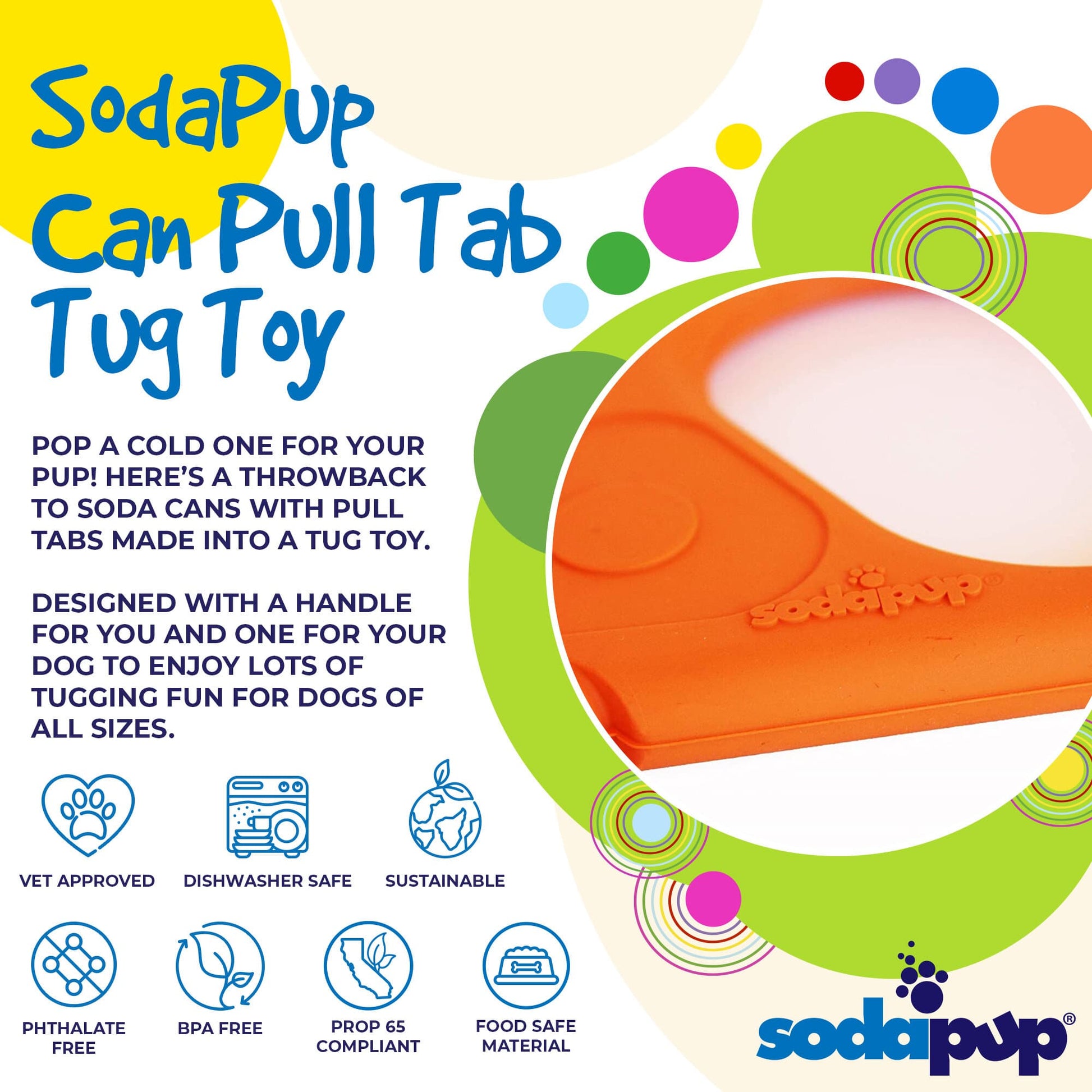 SodaPup Can Pull Tab Tug Toy packaging with colorful design and product image.