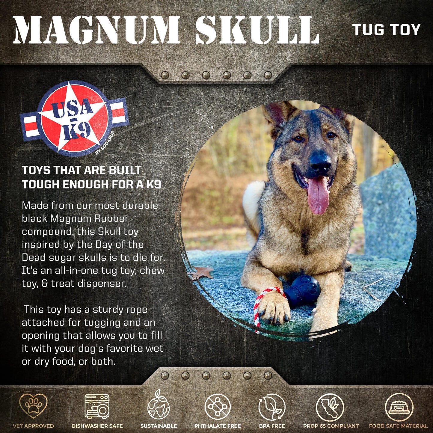 Dog toy packaging for 'Magnum Skull' with a dog and product details.