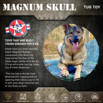 Dog toy packaging for 'Magnum Skull' with a dog and product details.