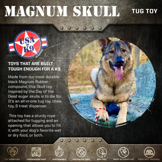Dog toy packaging for 'Magnum Skull' with a dog and product details.