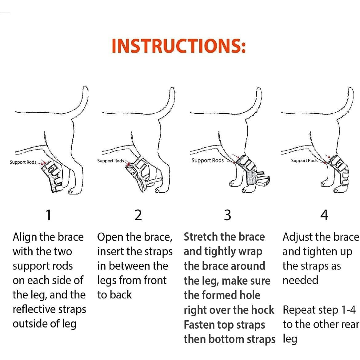 Instructions for using a dog leg brace with illustrations and text.