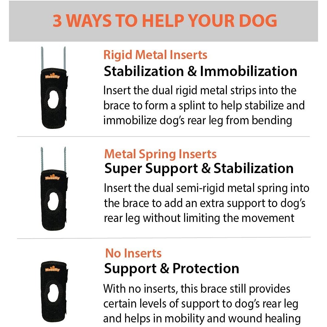 Dog brace with text explaining three ways to use it for stabilization, support, and protection.