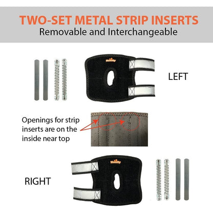 Knee brace with metal strip inserts on a white background