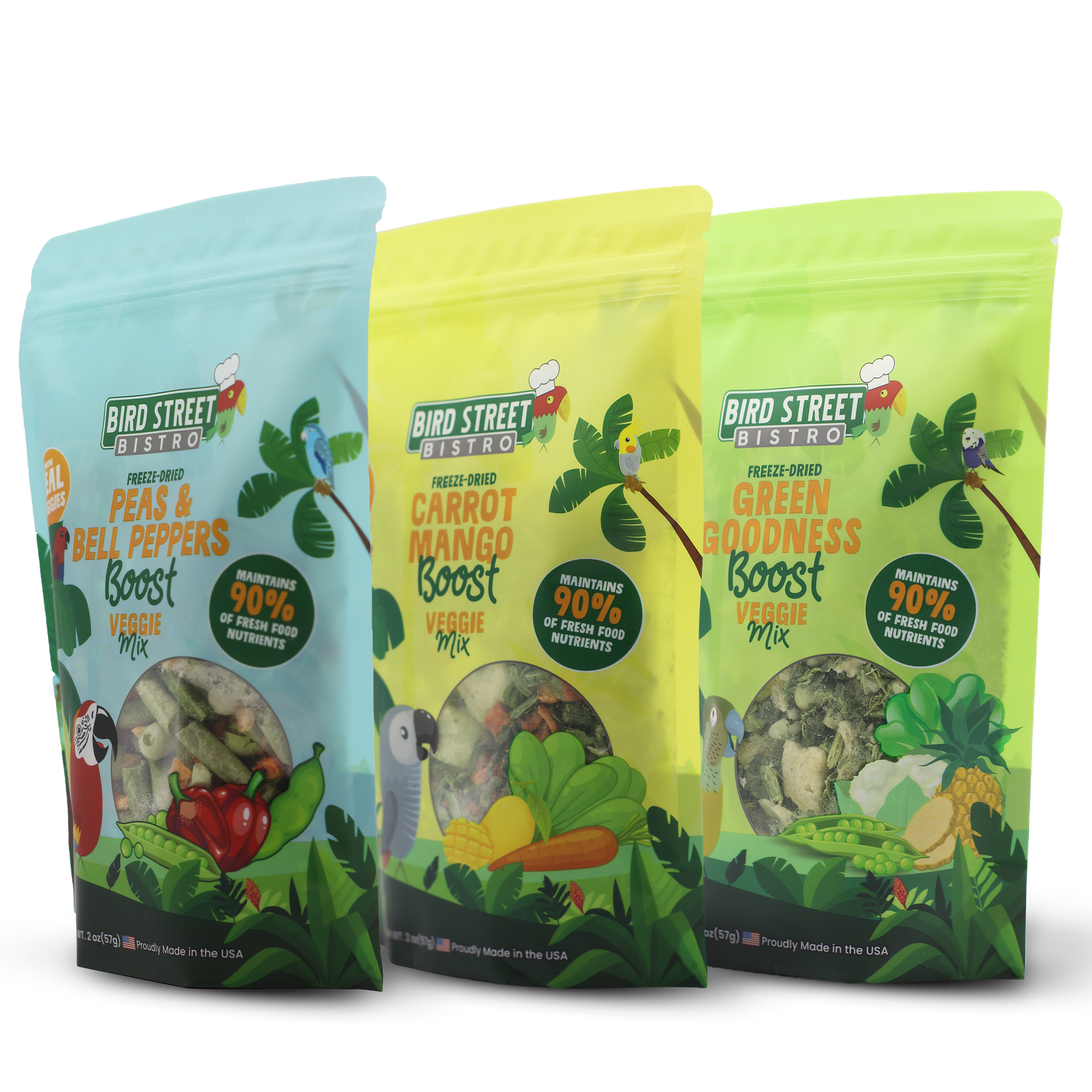 Three packages of Bird Street Bistro pet food on a white background