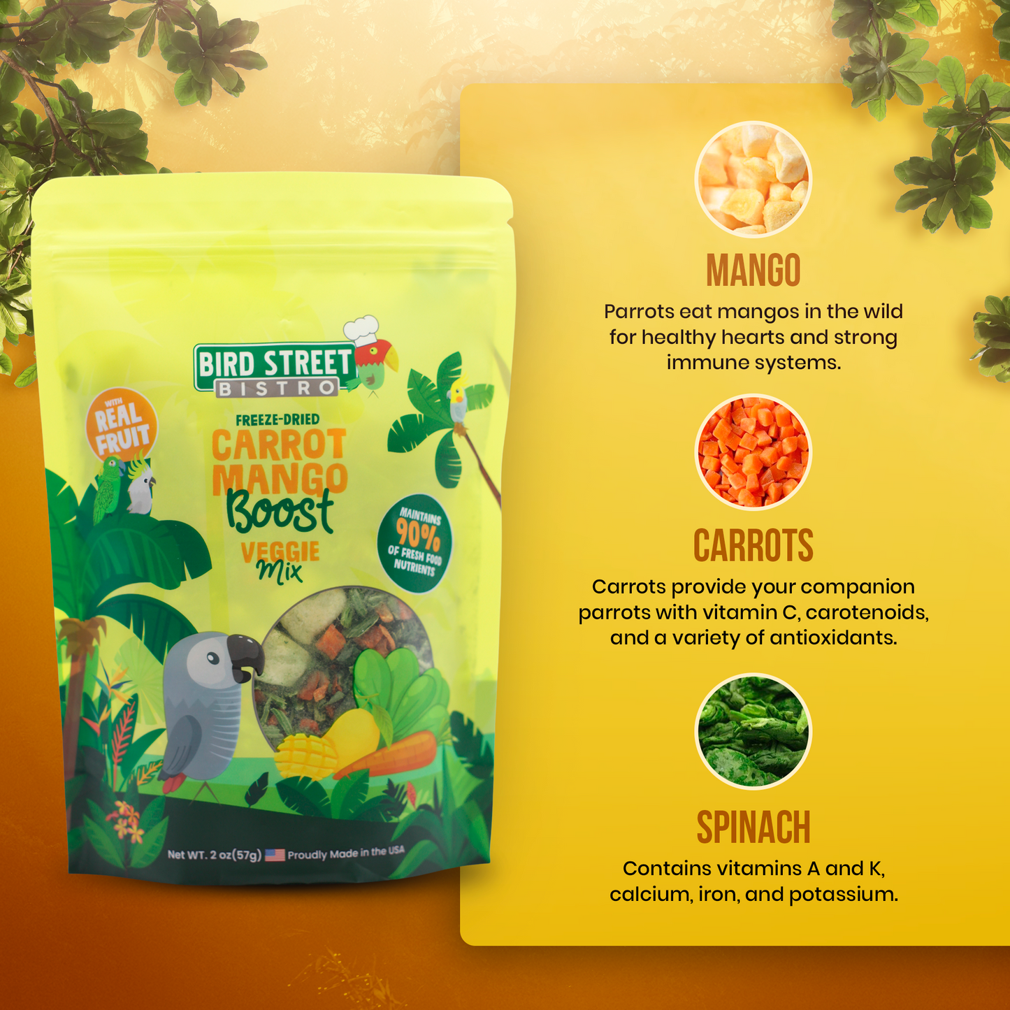 Bird Street Bistro freeze-dried bird food package with nutritional information on a yellow background