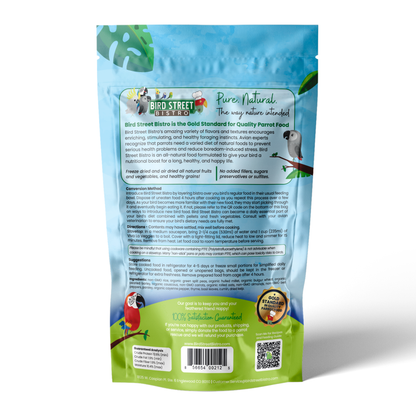 Bird seed packet with branding and product details on a white background