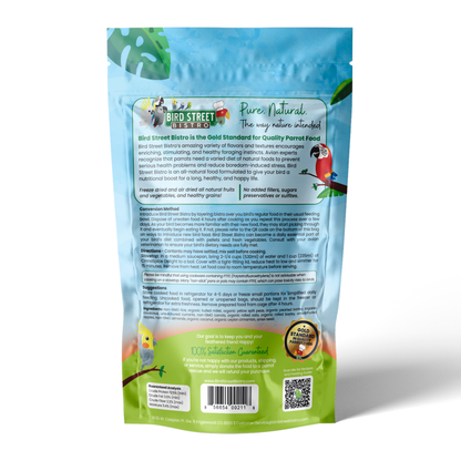 Bird food package with branding and product details on a white background