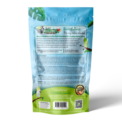 Bird seed packet with branding and product details on a white background