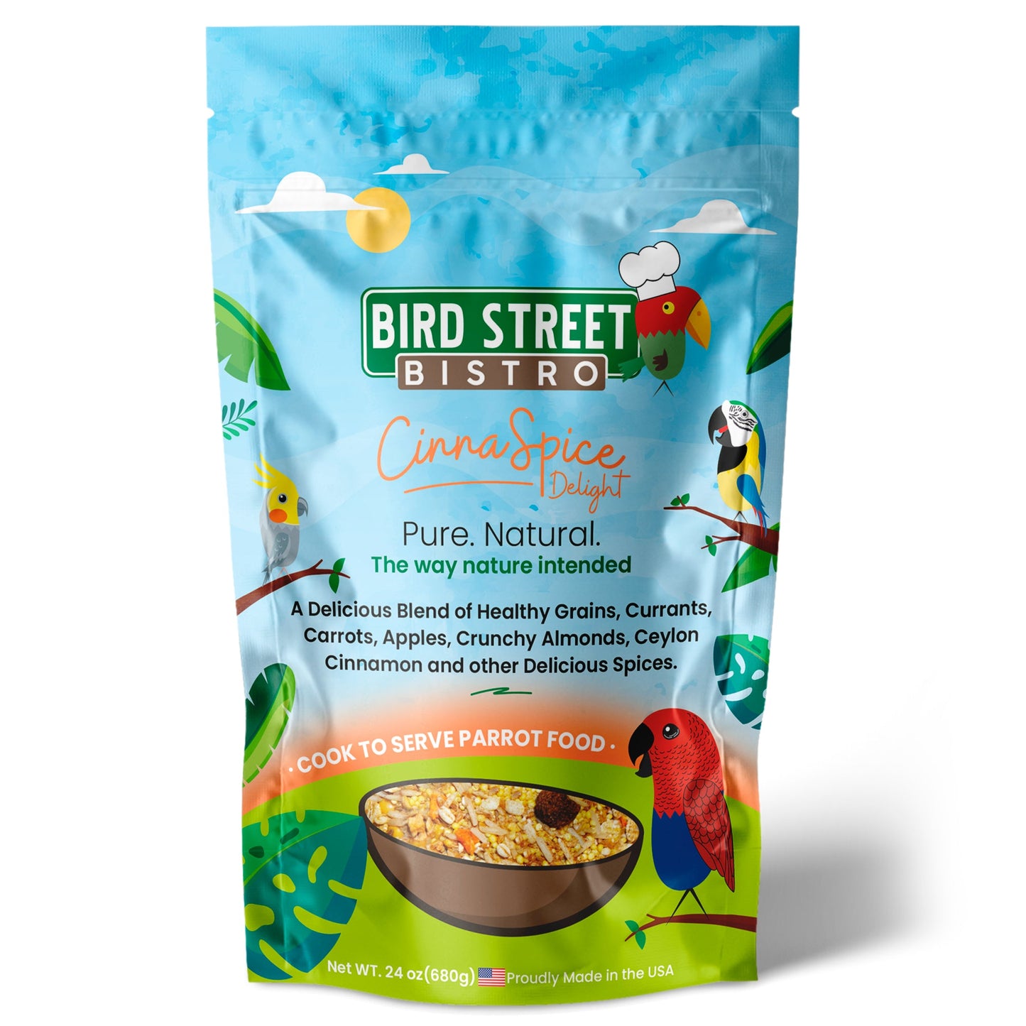 Bird Street Bistro parrot food package with colorful design and text.