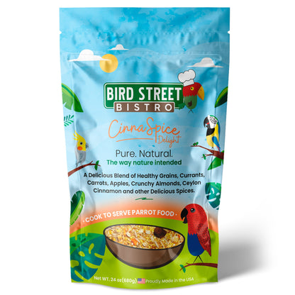 Bird Street Bistro parrot food package with colorful design and text.