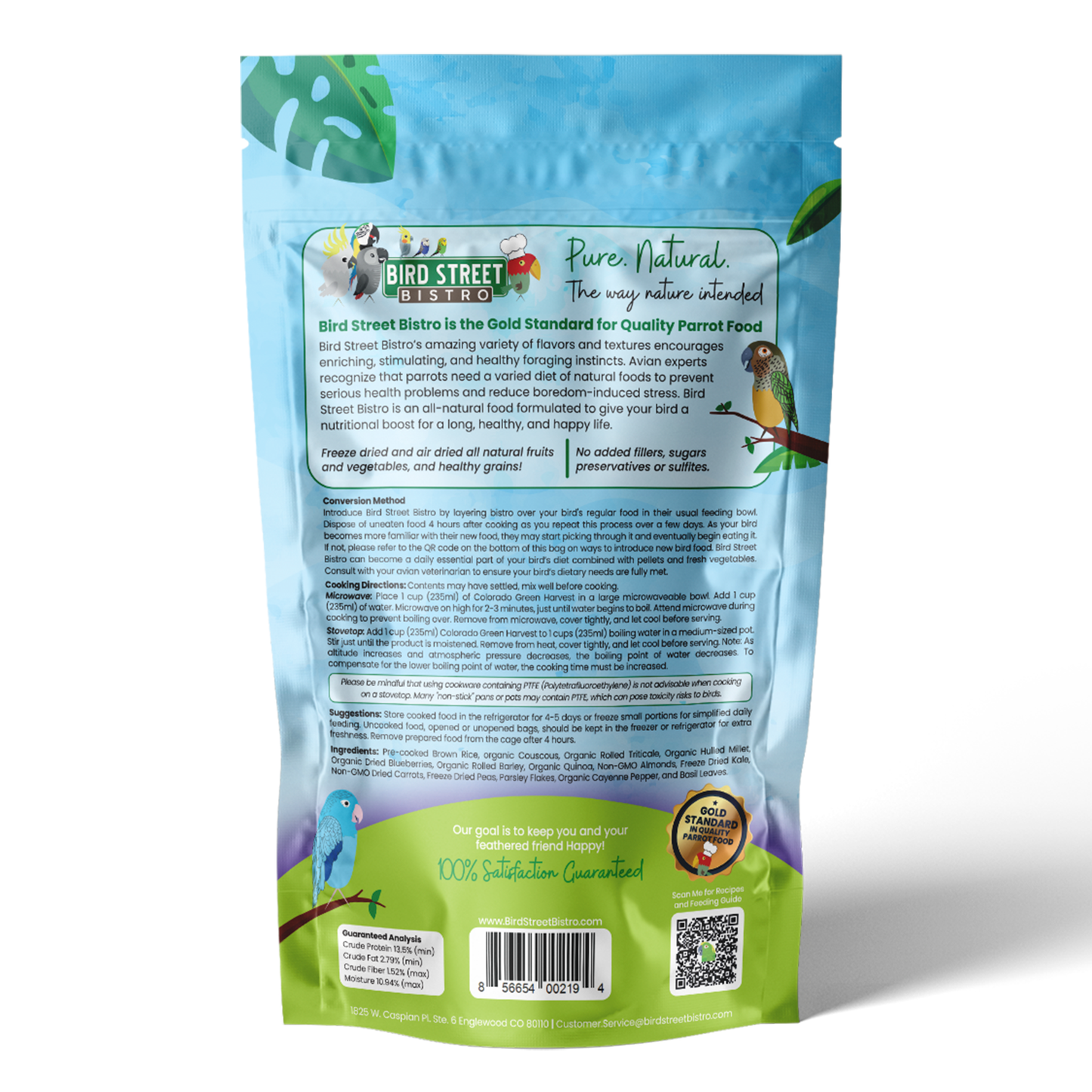 Bird food package with blue and green design on a white background