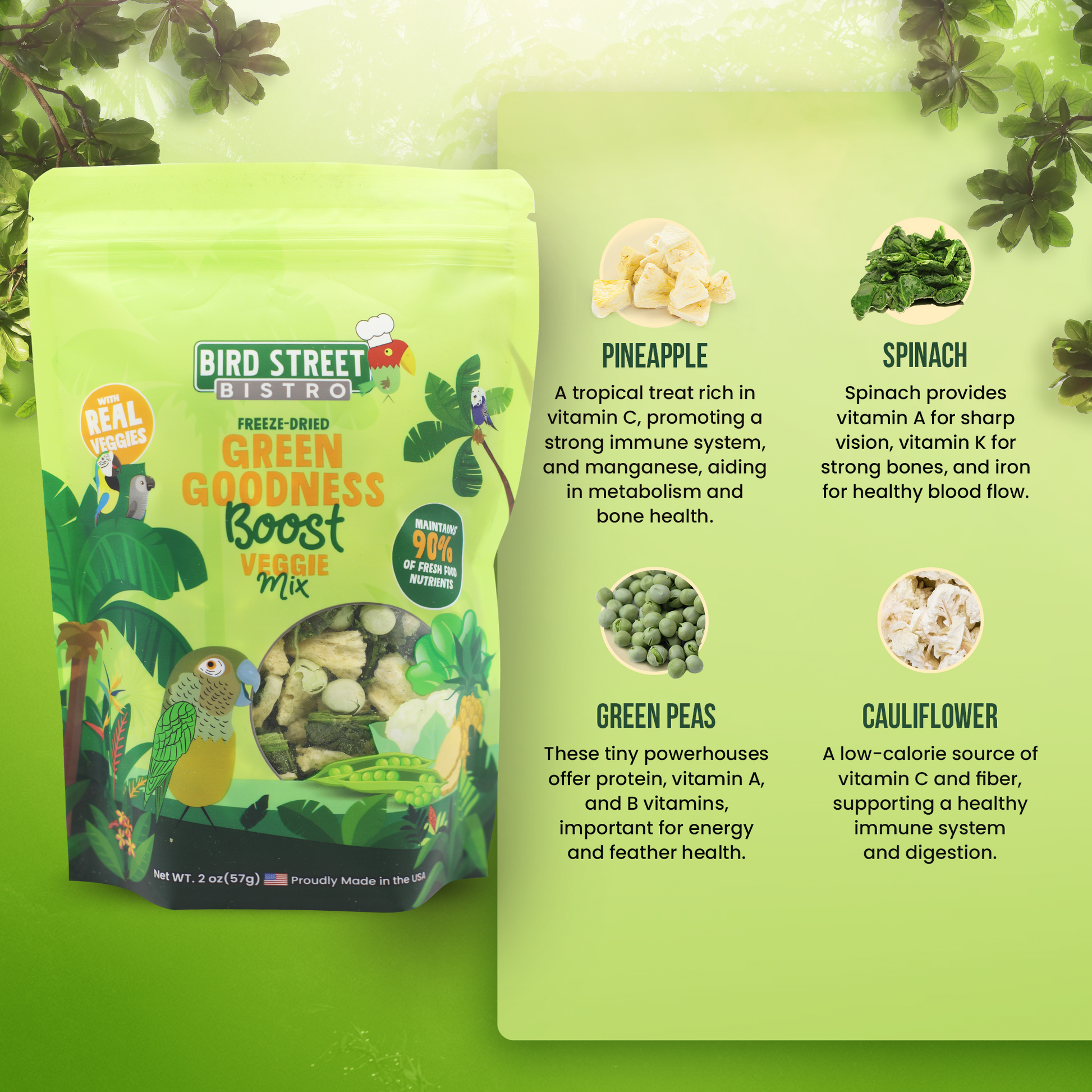 Bird Street Bistro Green Goodness Boost Veggie Mix packaging with ingredients listed on a green background