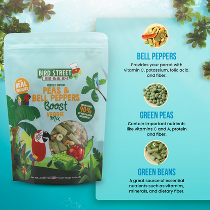 Bird Street Bistro freeze-dried peas and bell peppers mix packaging with nutritional information on a blue background.