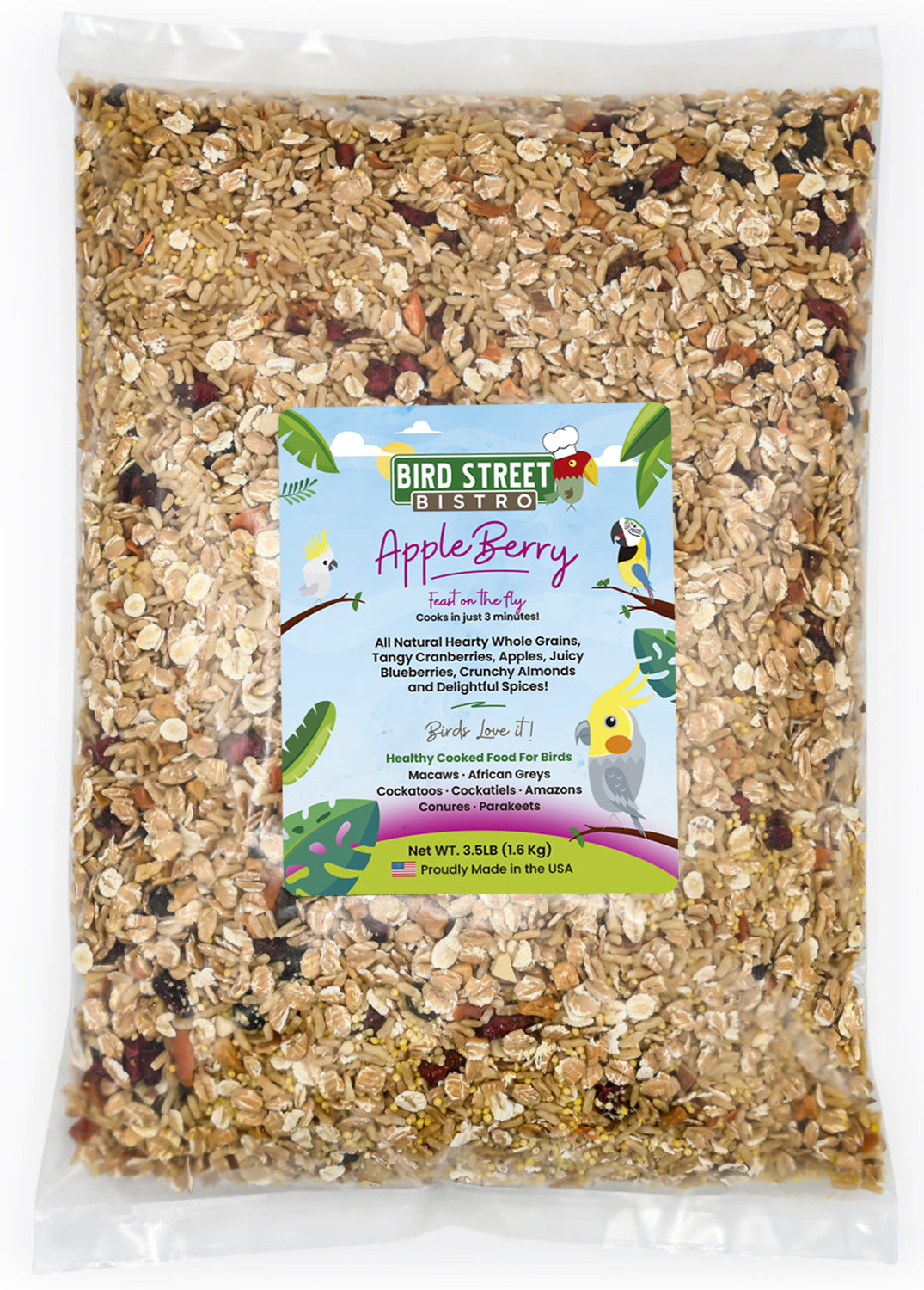 Bag of Bird Street Pet Co. bird seed with a label on a white background
