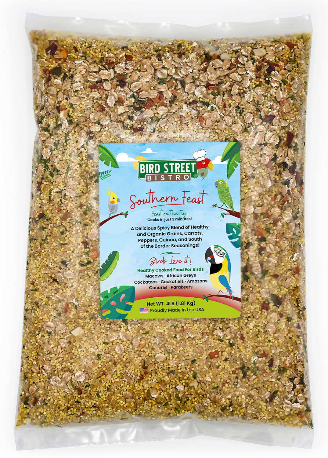 Bird seed package with a label on a white background