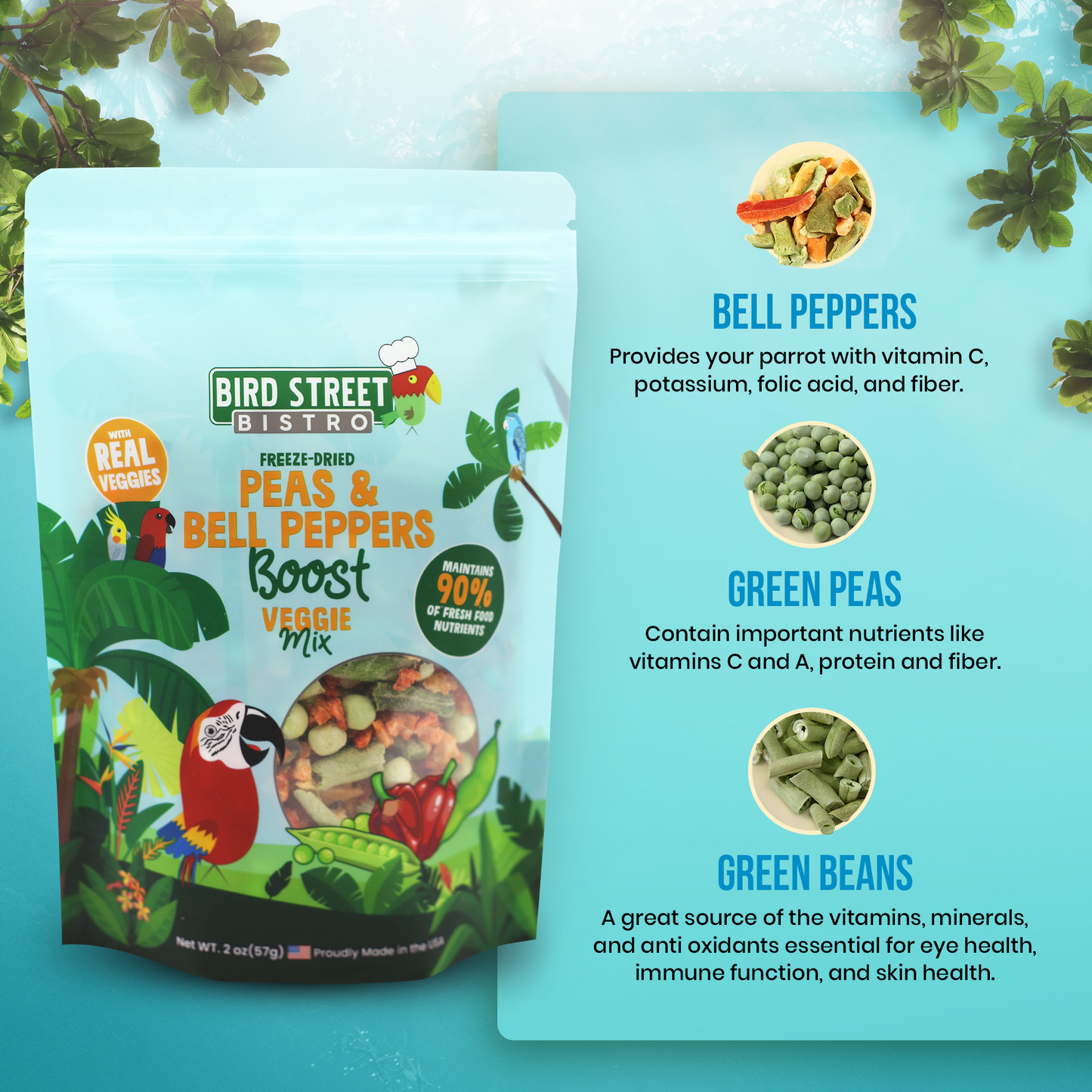 Bird Street Bistro freeze-dried veggie mix packaging with nutritional information on a teal background
