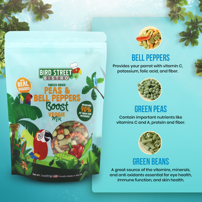 Bird Street Bistro freeze-dried veggie mix packaging with nutritional information on a teal background