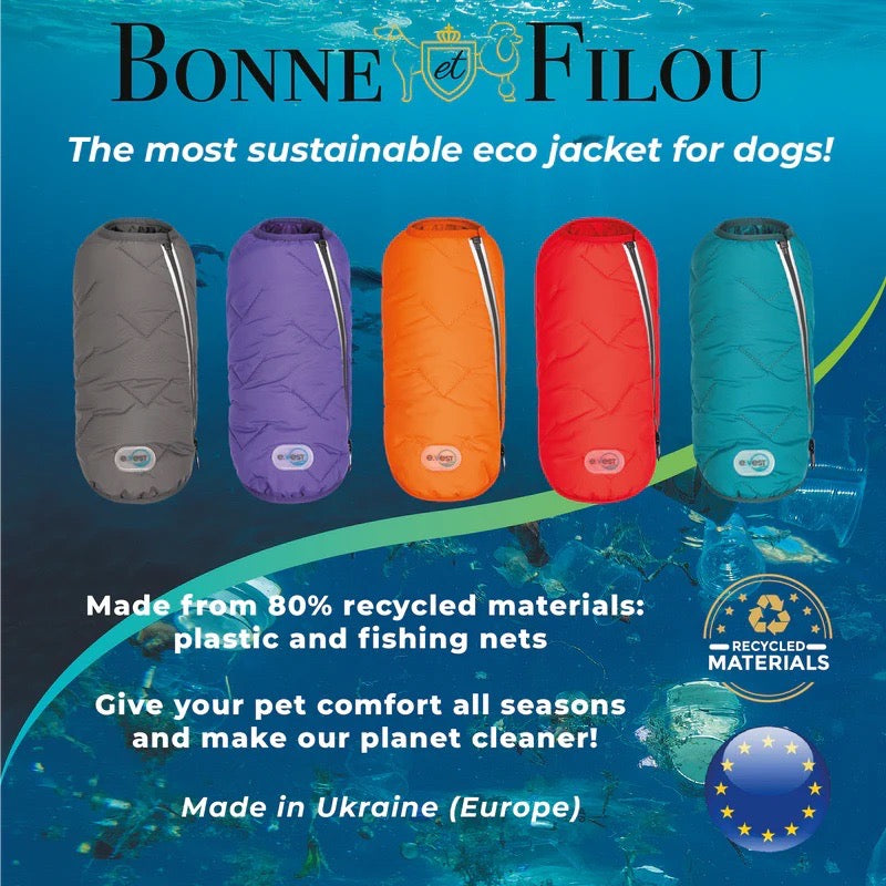 Promotional image of Bonne et Filou eco jackets for dogs in various colors with sustainability information.