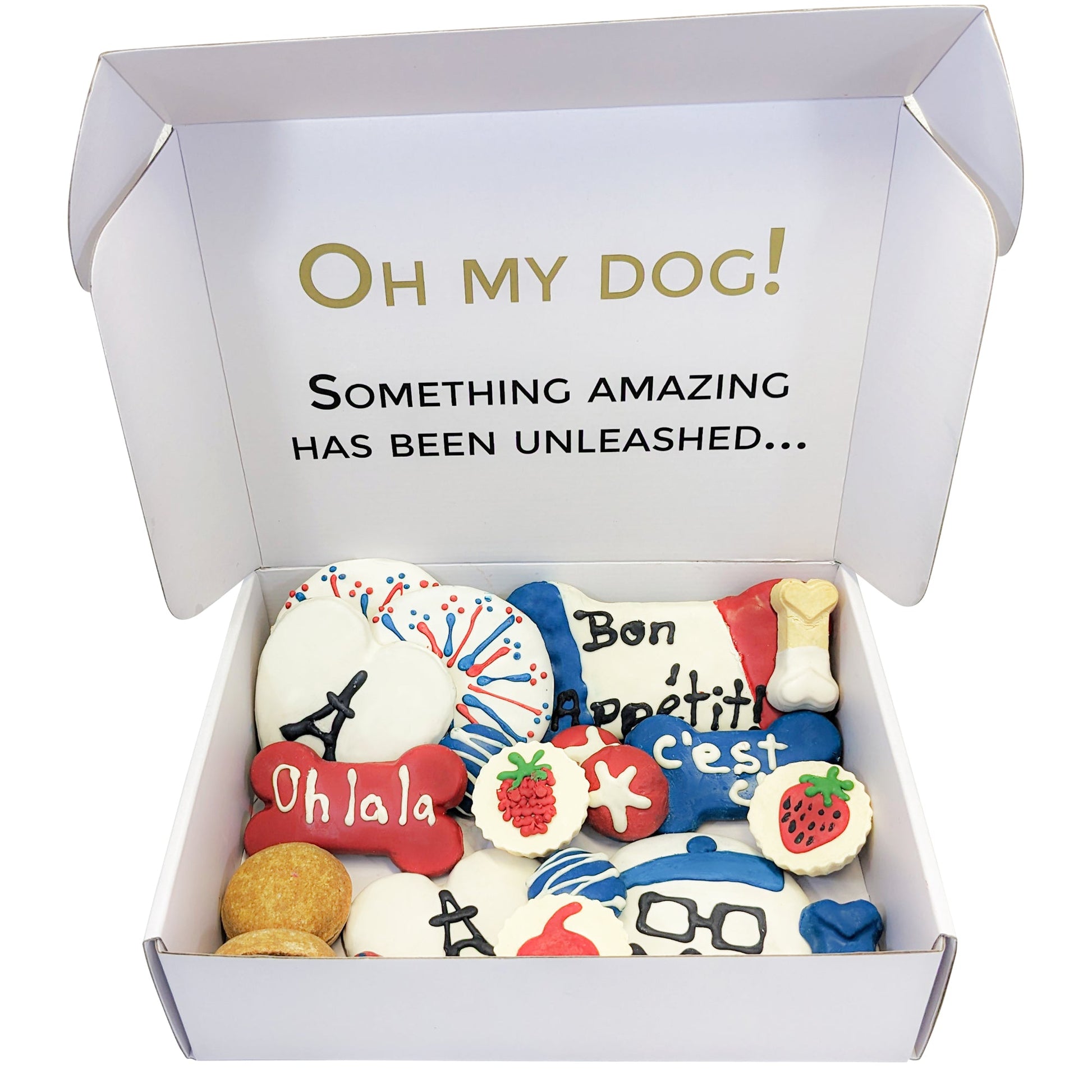 Box of dog treats with 'Oh My Dog!' branding and various designs.