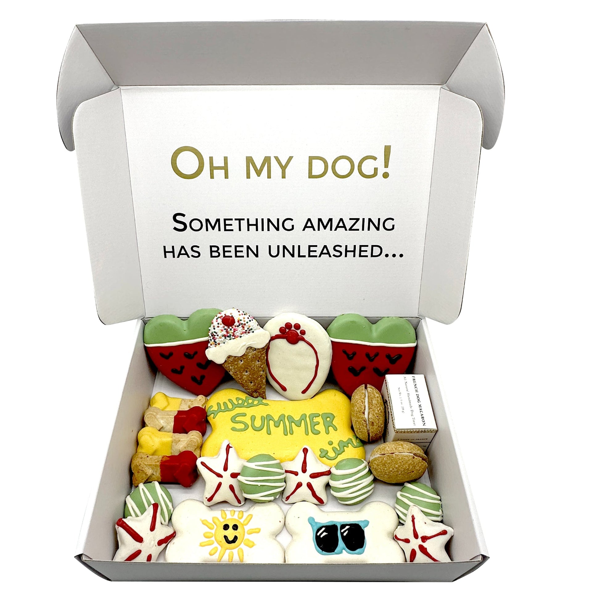Box of dog toys with 'Oh My Dog!' text on a white background