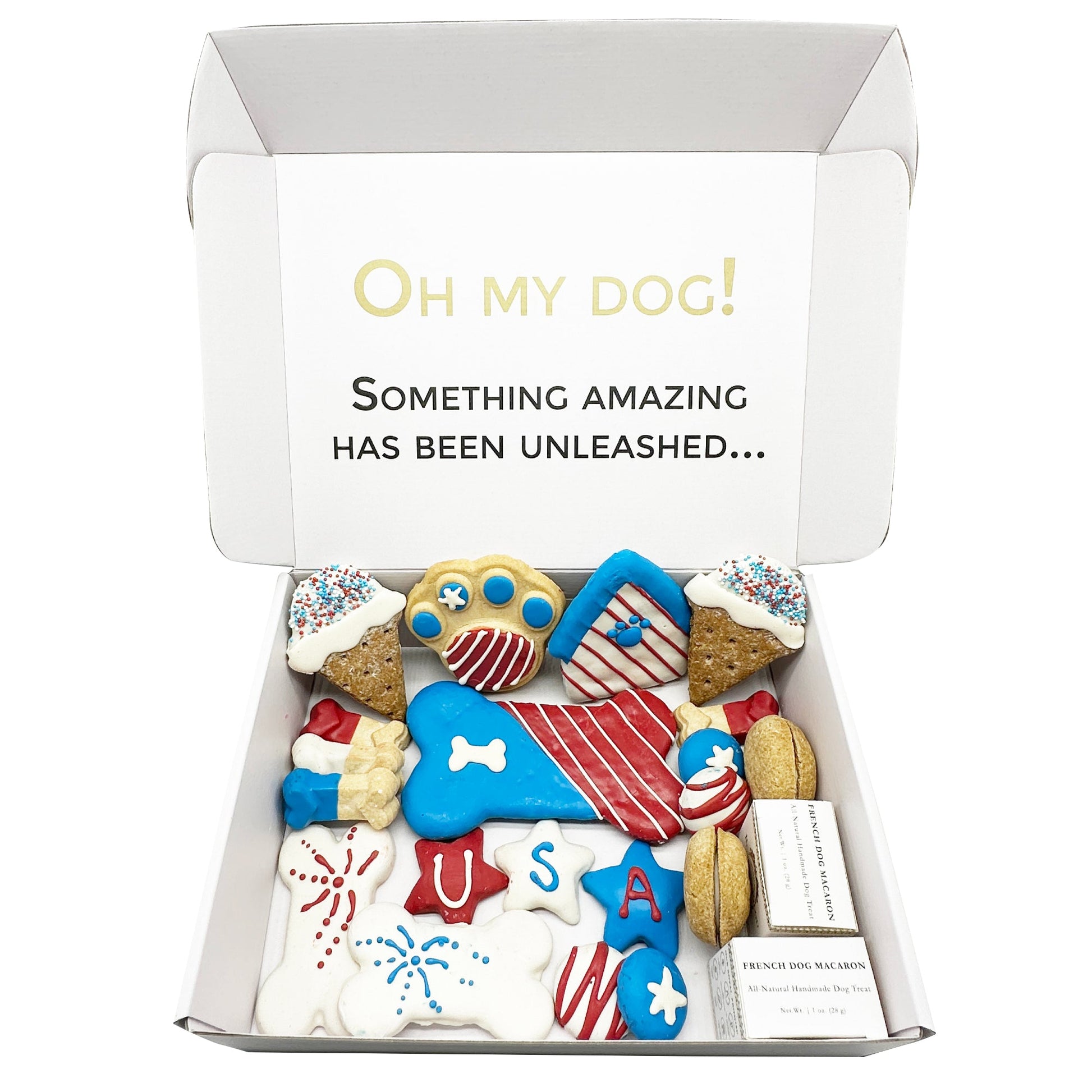 Box of dog cookies with 'Oh My Dog!' branding and text.