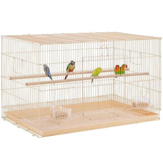 Bird cage with multiple birds on a white background