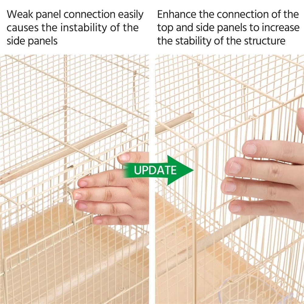 Two views of a bird cage with text on panel connection stability and a hand updating the connection.