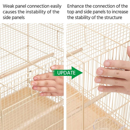 Two views of a bird cage with text on panel connection stability and a hand updating the connection.