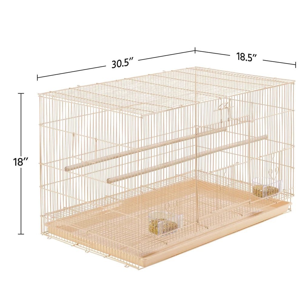Wire bird cage with dimensions labeled on a white background