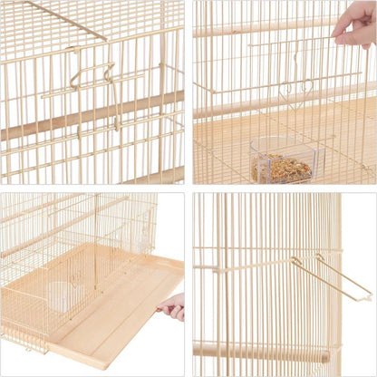 Collage of a bird cage with various components and a hand interacting with it.