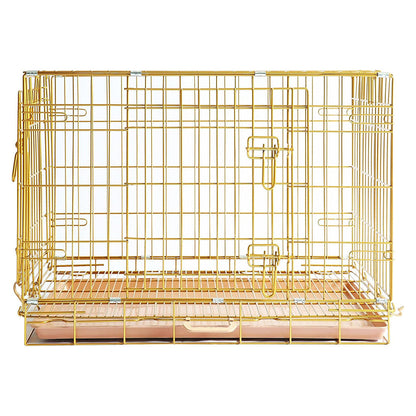 Gold metal pet crate on a white background