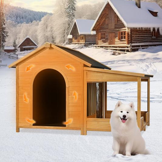 Wooden doghouse in a snowy landscape with a white dog sitting outside.