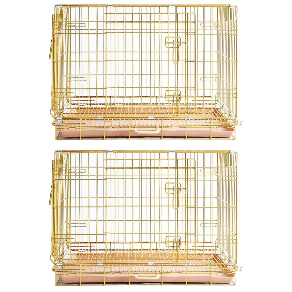 Two gold wire pet cages on a white background