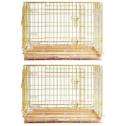 Two gold wire pet cages on a white background