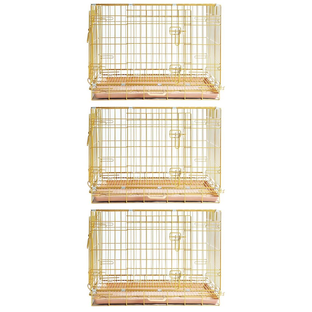 Three gold wire bird cages stacked on a white background