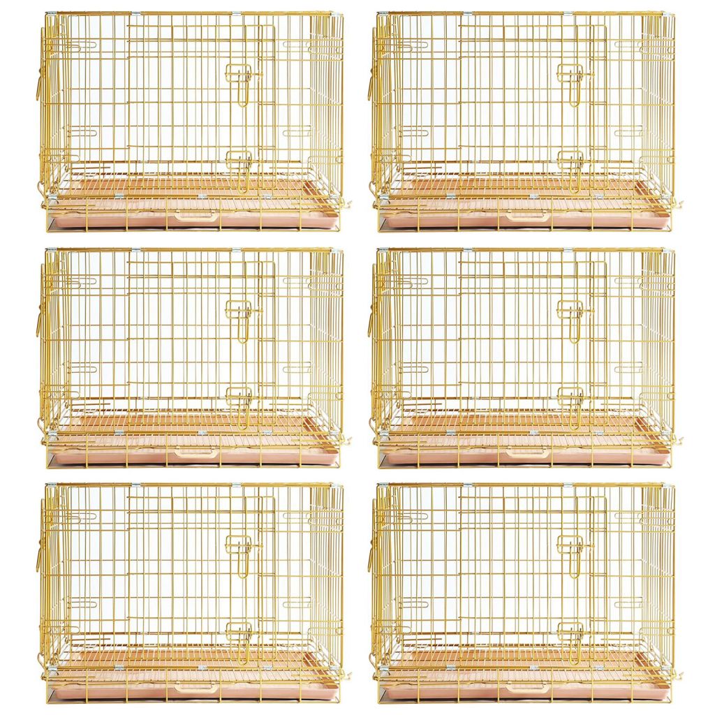 Set of six gold bird cages on a white background