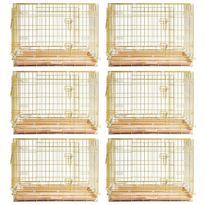 Set of six gold bird cages on a white background