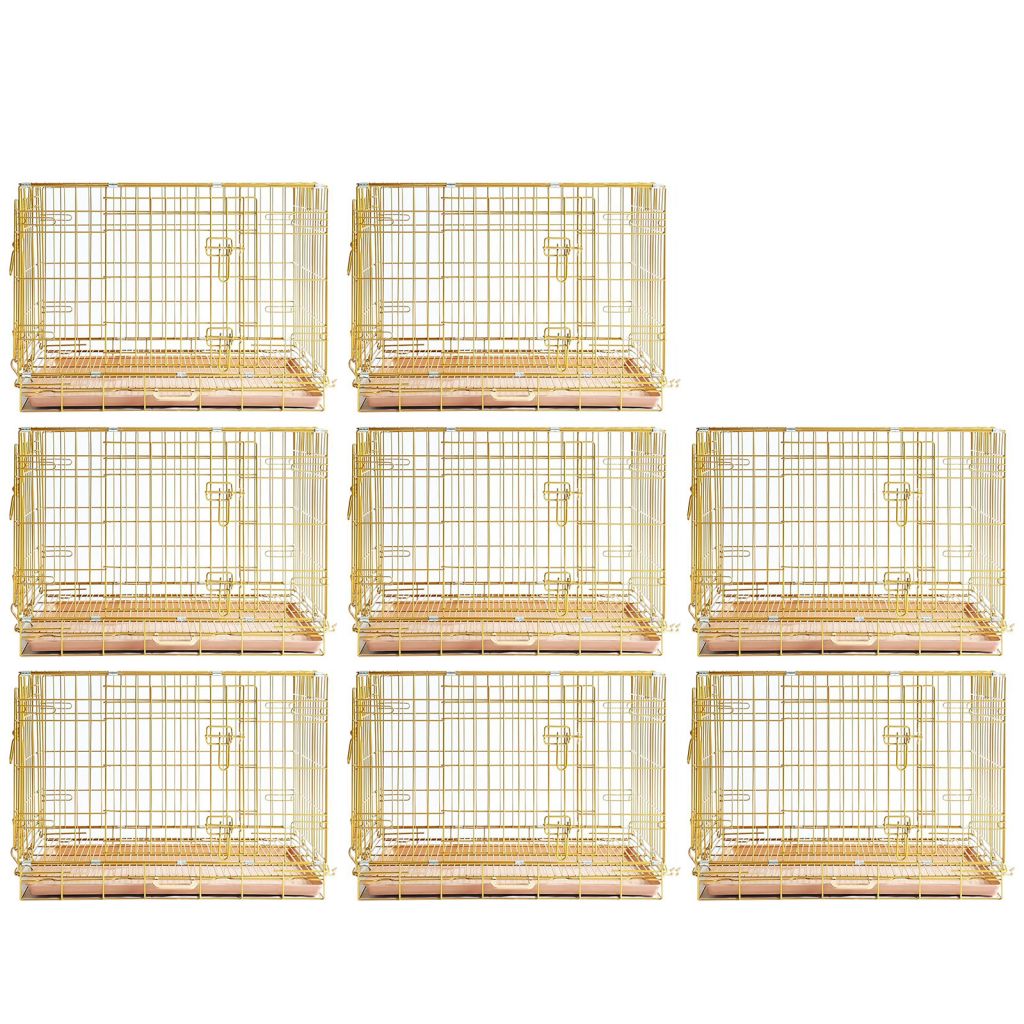Set of eight gold bird cages on a white background