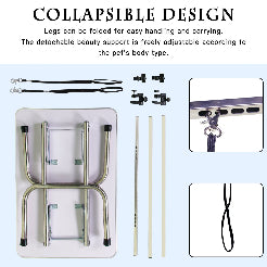 Collapsible beauty support system with adjustable legs and straps on a light blue background.