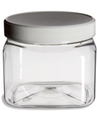 Clear glass jar with a metal lid on a white background