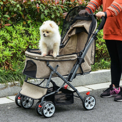 Person pushing a pet stroller with a small white dog inside, outdoors.