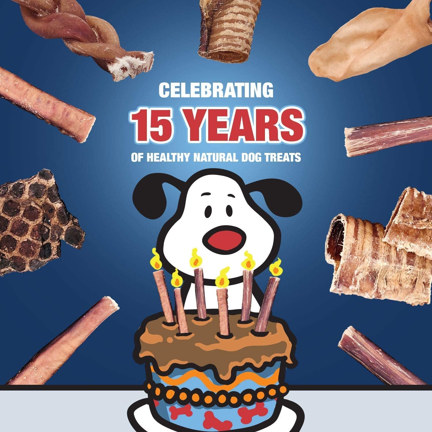 Dog treats with a cartoon dog and birthday cake, celebrating 15 years of healthy natural dog treats.