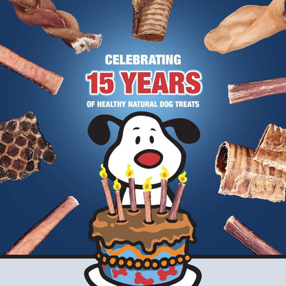 Dog treats with a cartoon dog and birthday cake, celebrating 15 years of healthy natural dog treats.