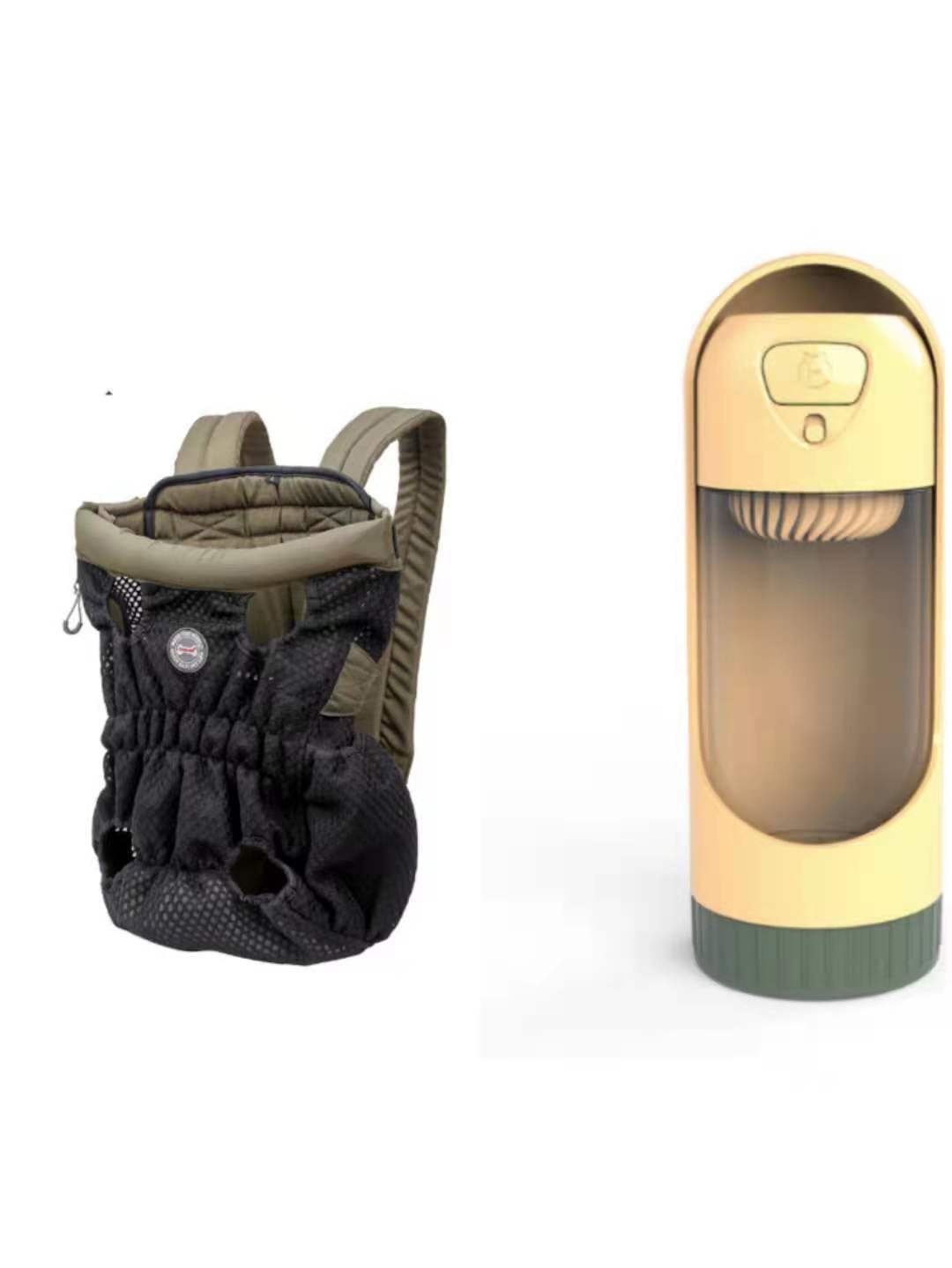 Dog backpack and gold-colored water bottle on a white background