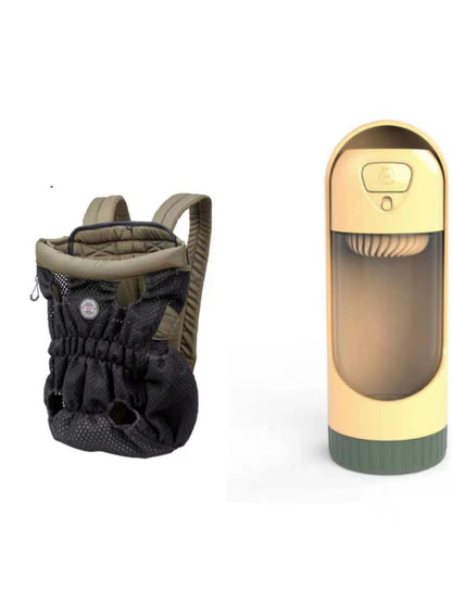 Dog backpack and gold-colored water bottle on a white background