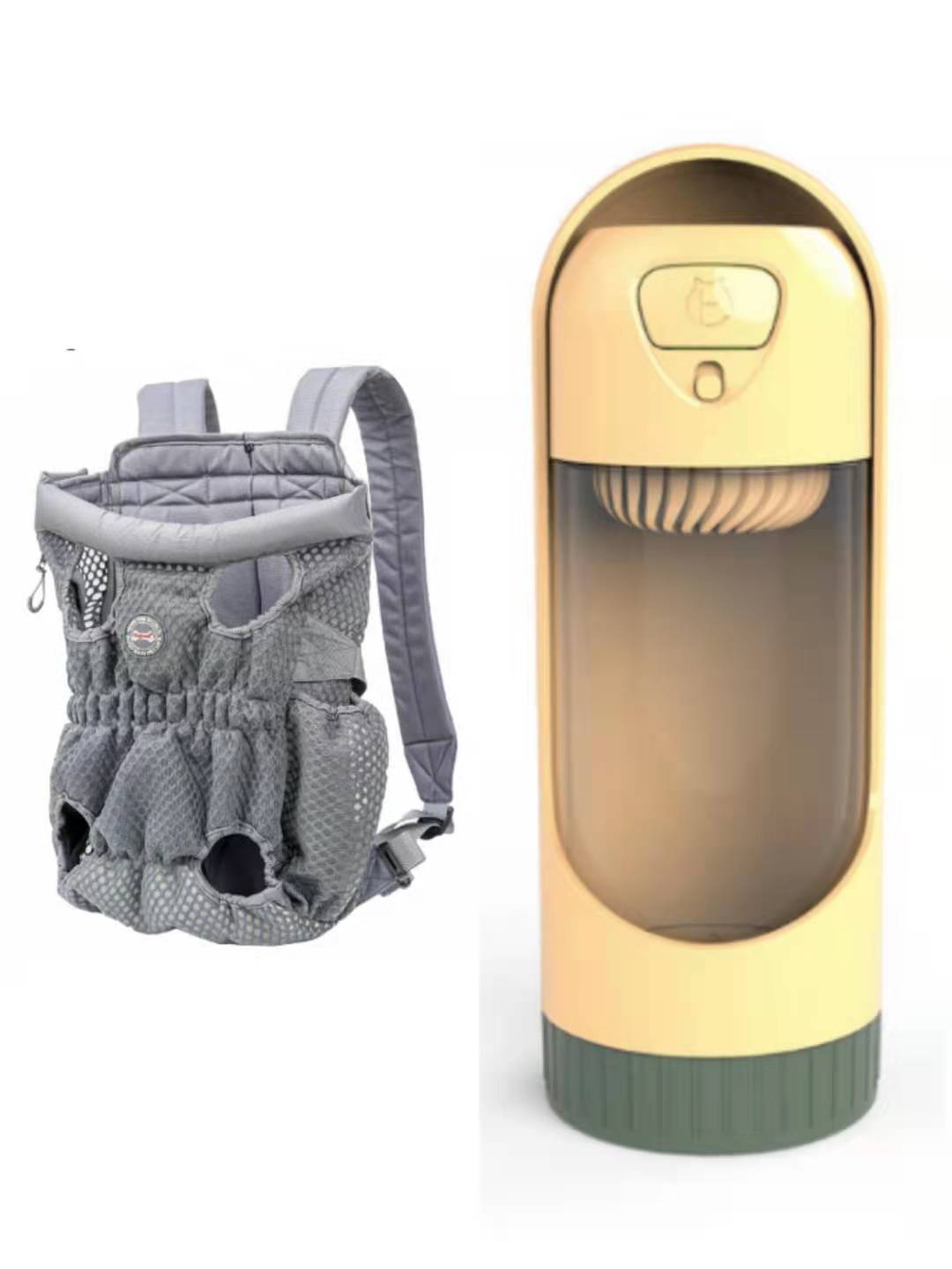 Gray pet carrier and gold and green water bottle on a white background