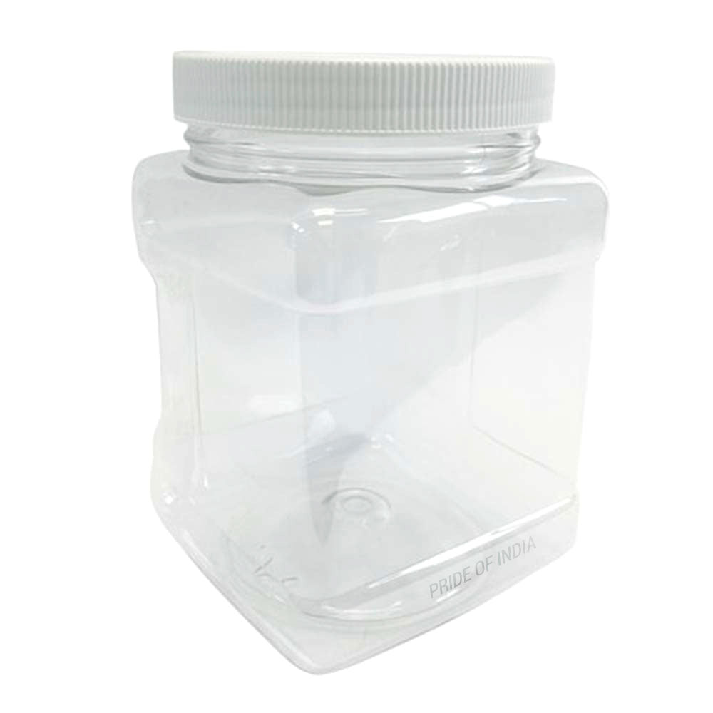Clear plastic jar with a white lid on a white background