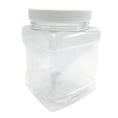 Clear plastic jar with a white lid on a white background