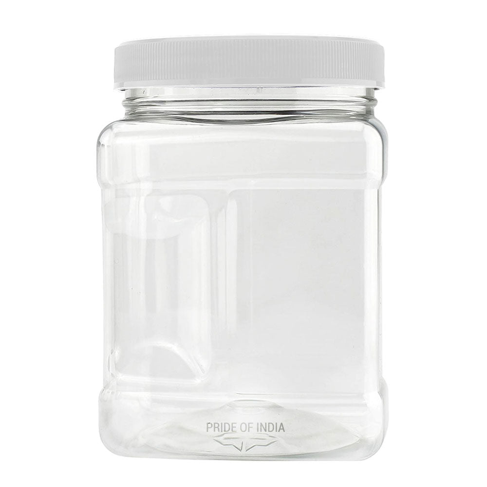 Clear glass jar with a white lid on a white background